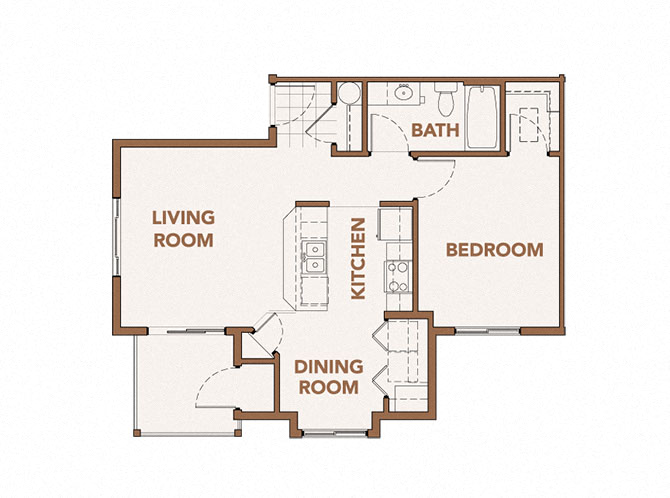 Floor plan for 1 bed, 1 bath, 709 sqft